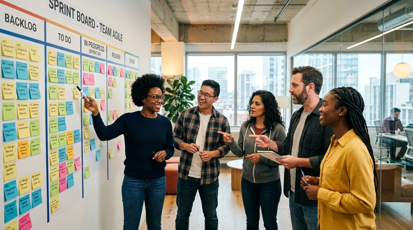 A diverse Agile team collaborating around a Kanban board in a modern office