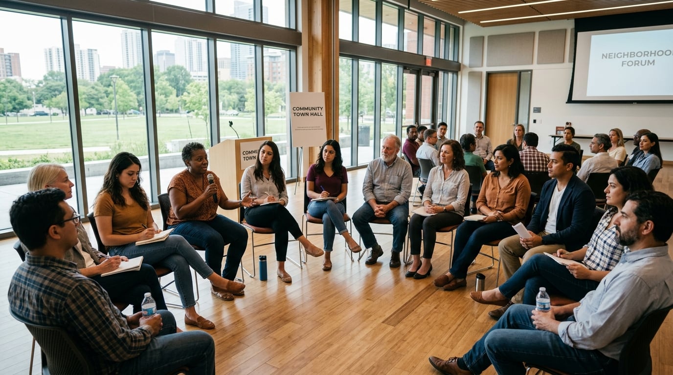 A diverse community town-hall forum with people in respectful discussion