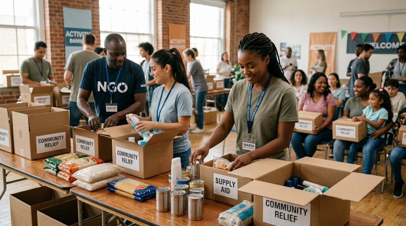 Diverse volunteers packing supplies during a humanitarian community outreach