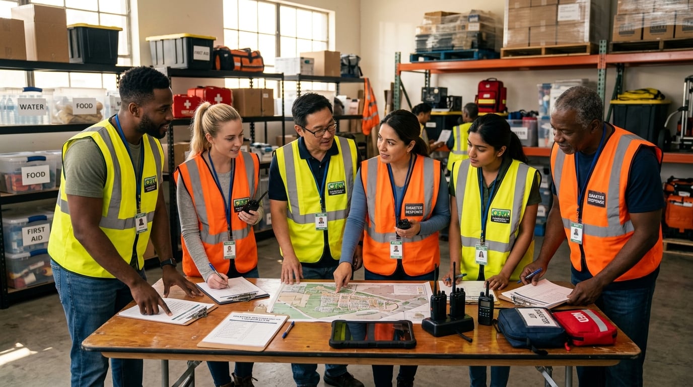 Diverse emergency-response volunteers in high-visibility vests coordinating relief efforts