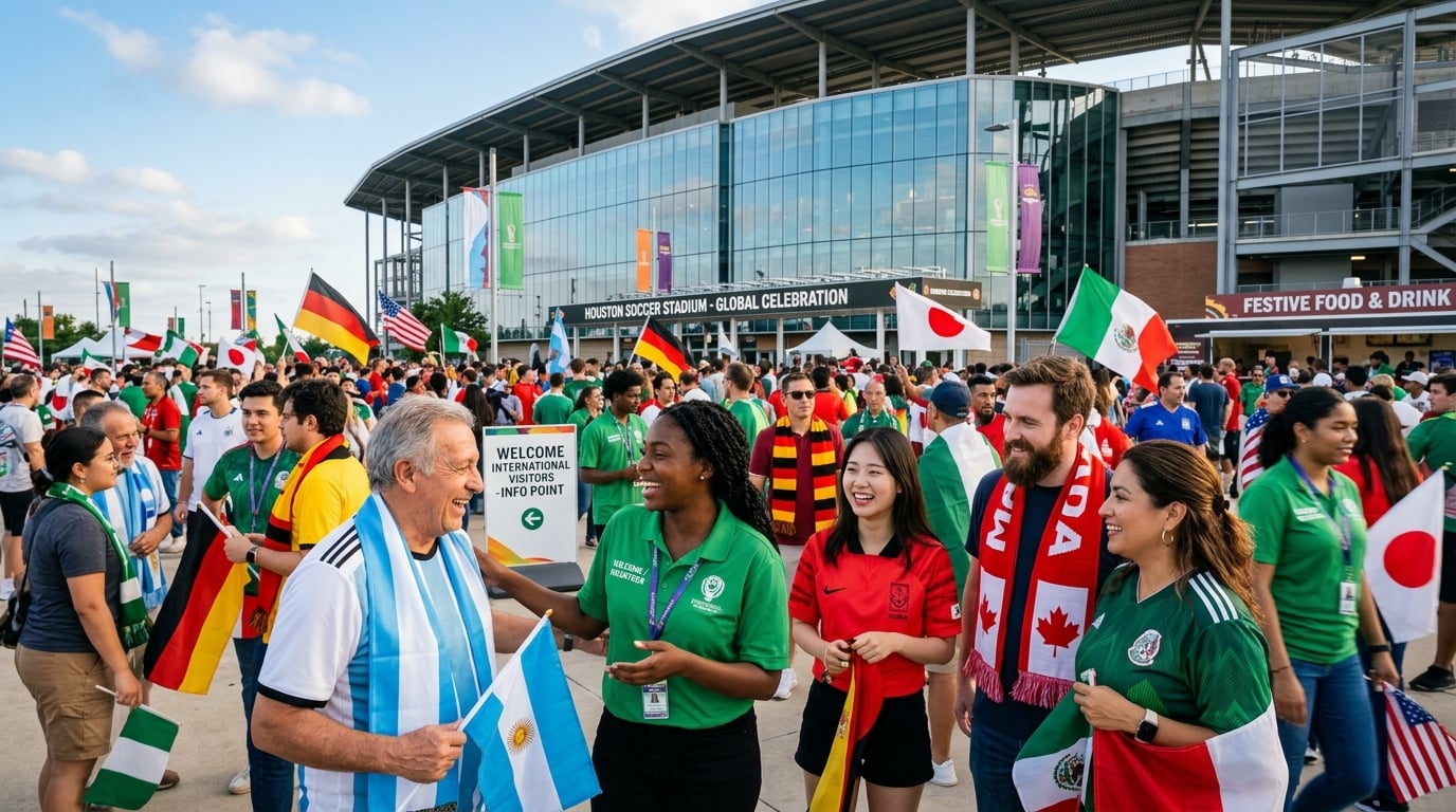 Welcoming World Cup hospitality scene with diverse volunteers and international visitors in Houston