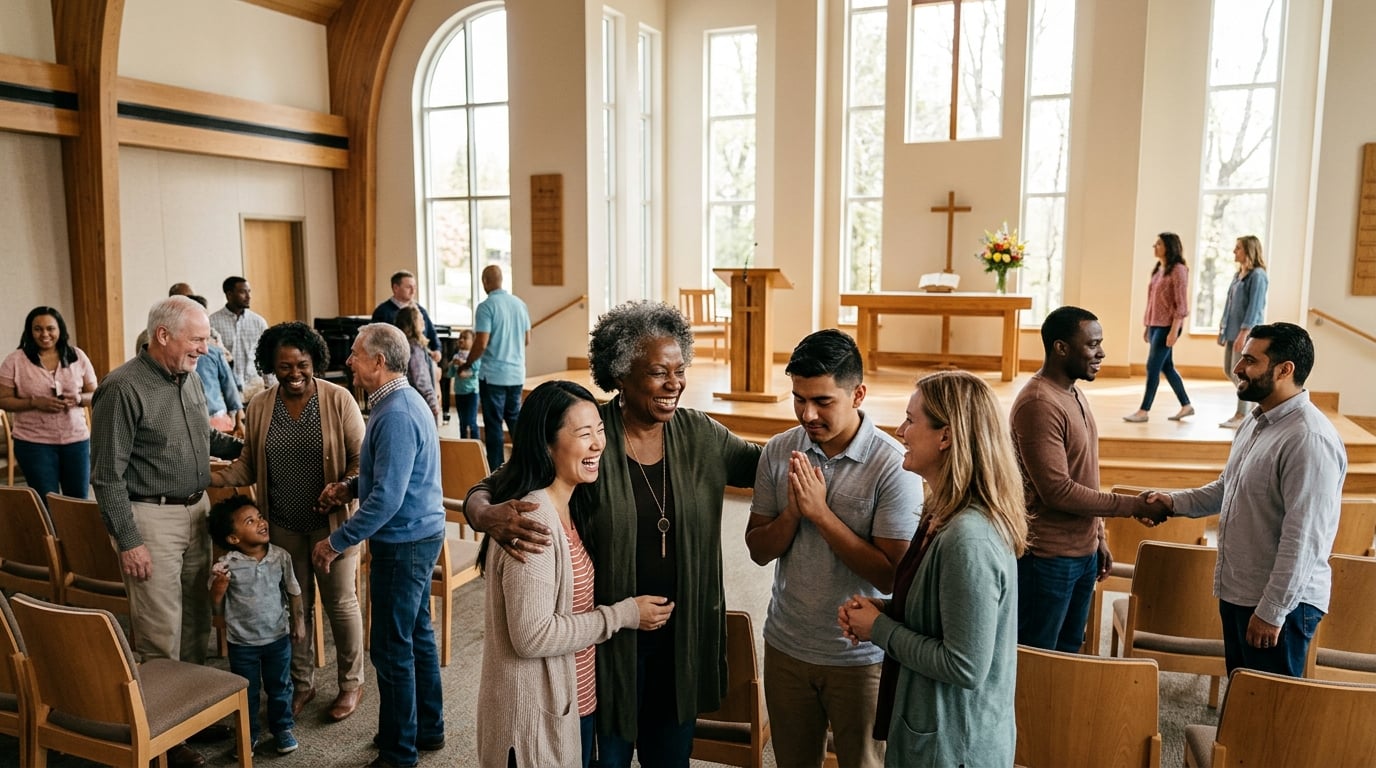 A warm, diverse faith community gathering in a bright modern sanctuary