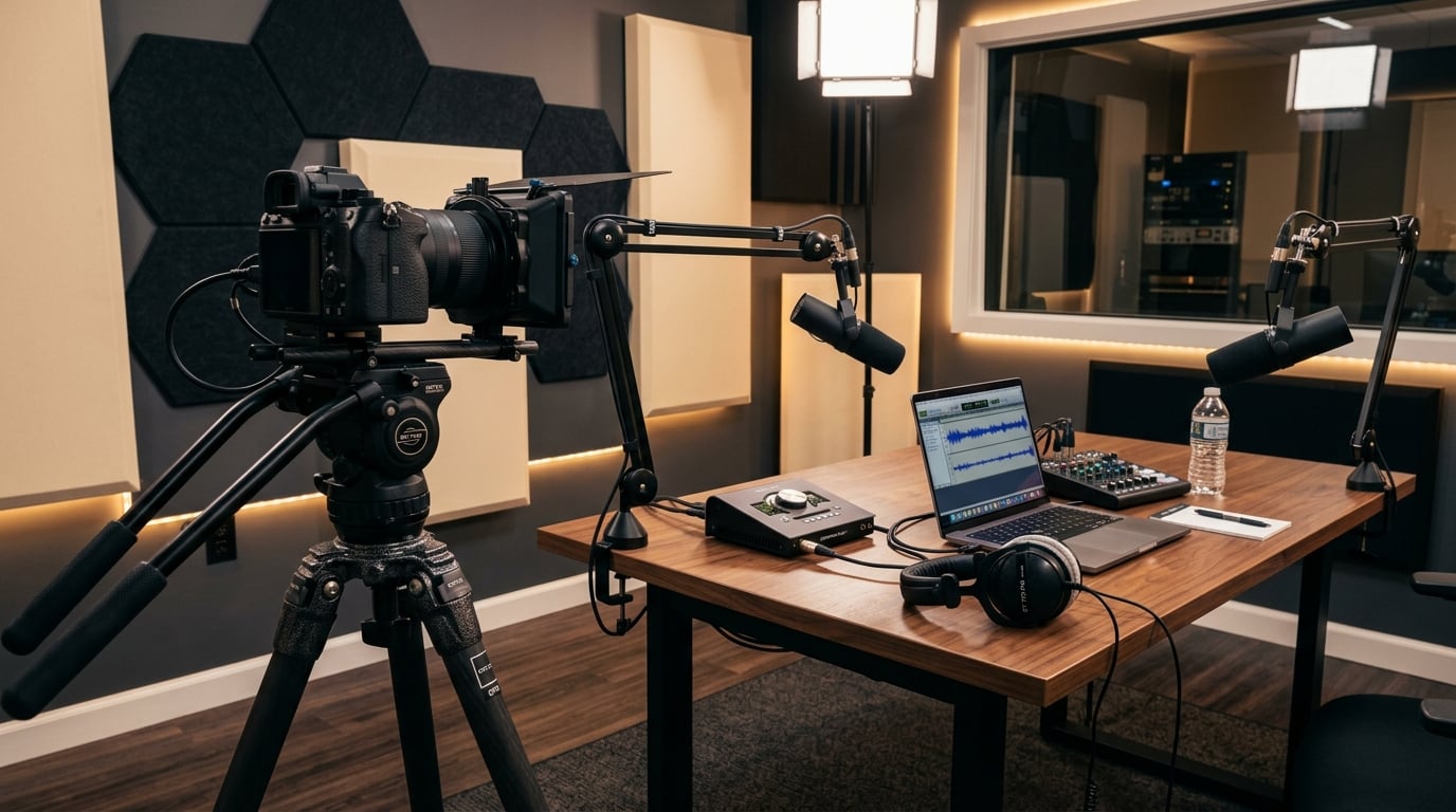 A modern podcast studio with a high-end mirrorless camera and professional audio equipment